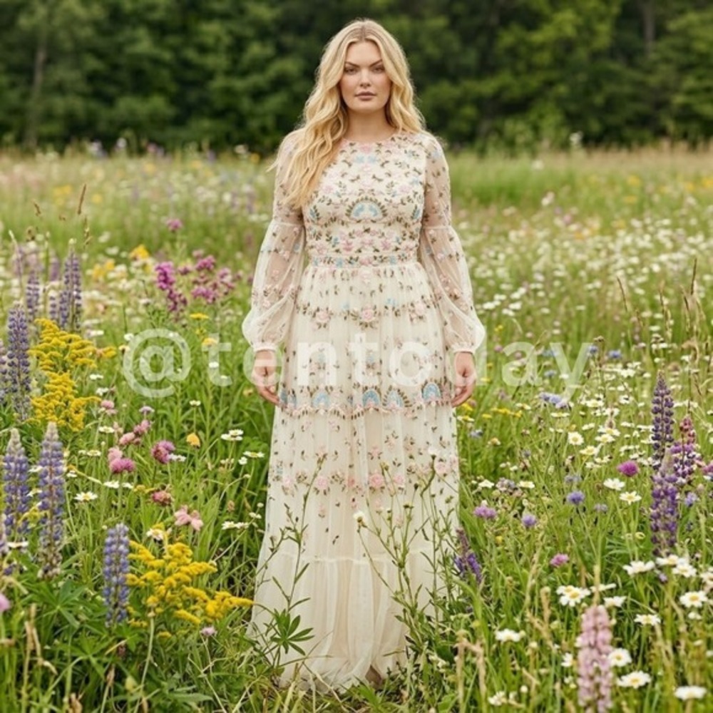$798 Mac Duggal Size 16 Ivory White Floral Embroidered Long Maxi Dress Gown